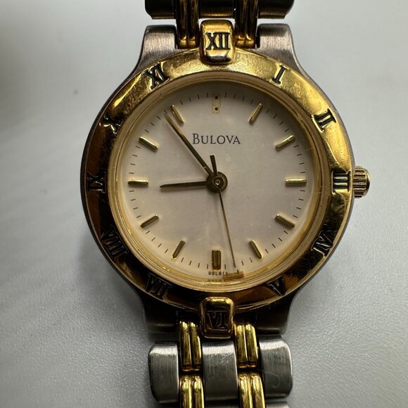 Bulova Watch Women Silver Gold Two Tone Beige Dial 24MM New Battery 7.25" - Picture 1 of 15